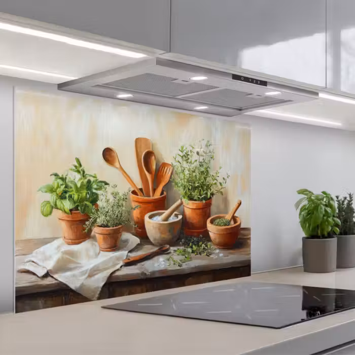 Spatscherm keuken - Potten - Kruiden - Hout
