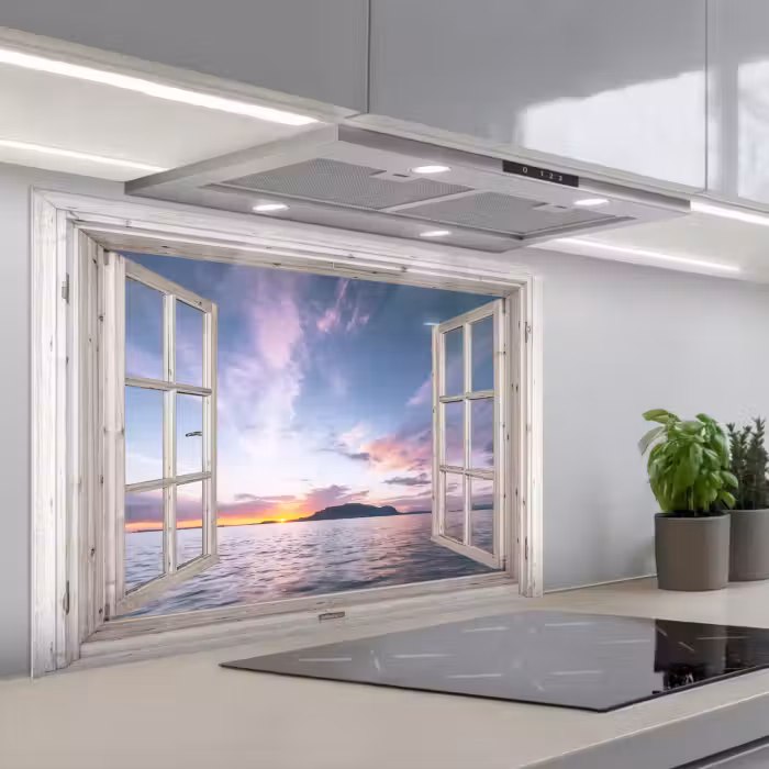 Spatscherm keuken - Raam met Zicht op Zonsondergang