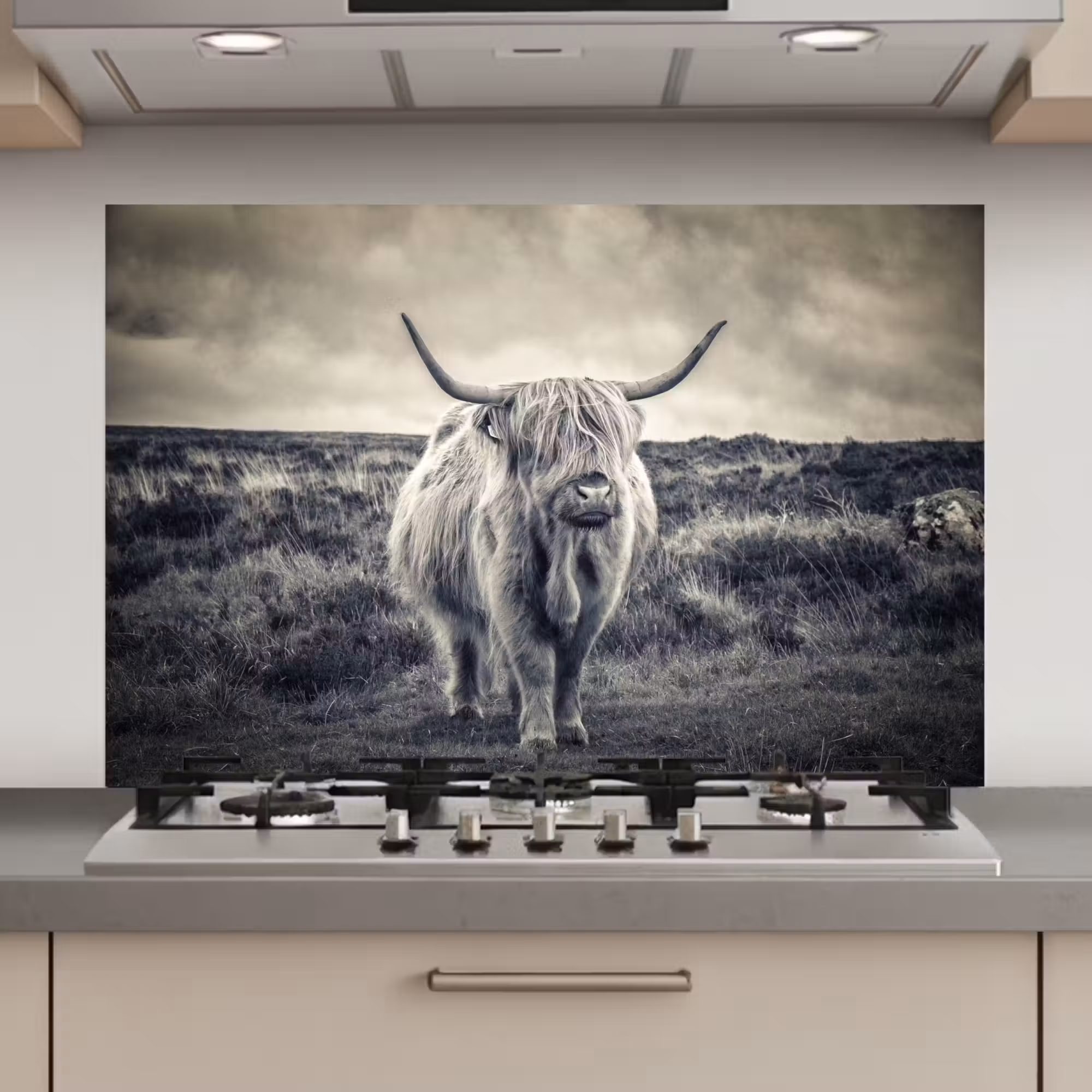 Spatscherm keuken - Schotse hooglander - Dieren - Wolken - Koe - Natuur