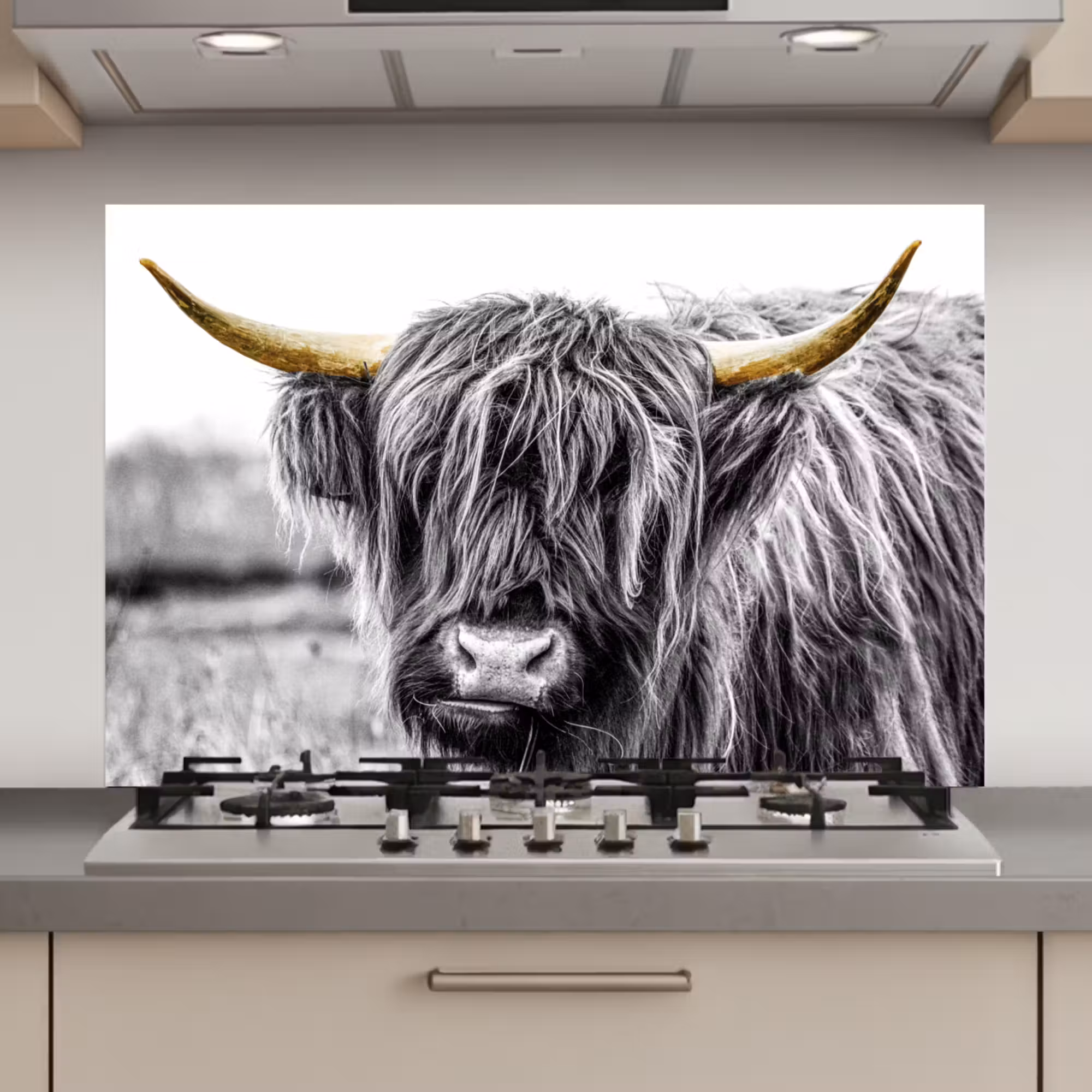 Spatscherm keuken - Schotse hooglander - Hoorns - Goud - Zwart