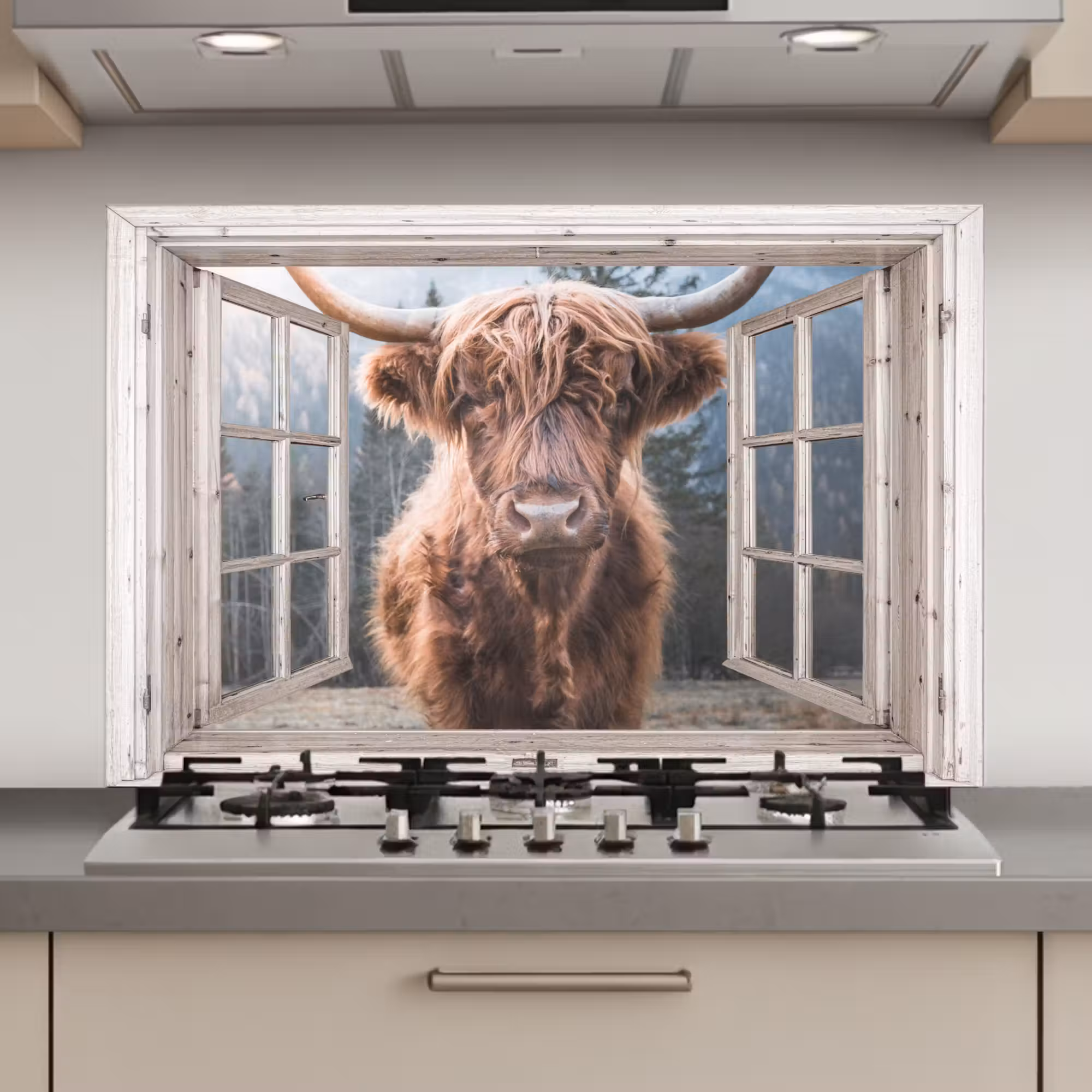 Spatscherm keuken - Schotse hooglander - Koe - Berg - Doorkijk