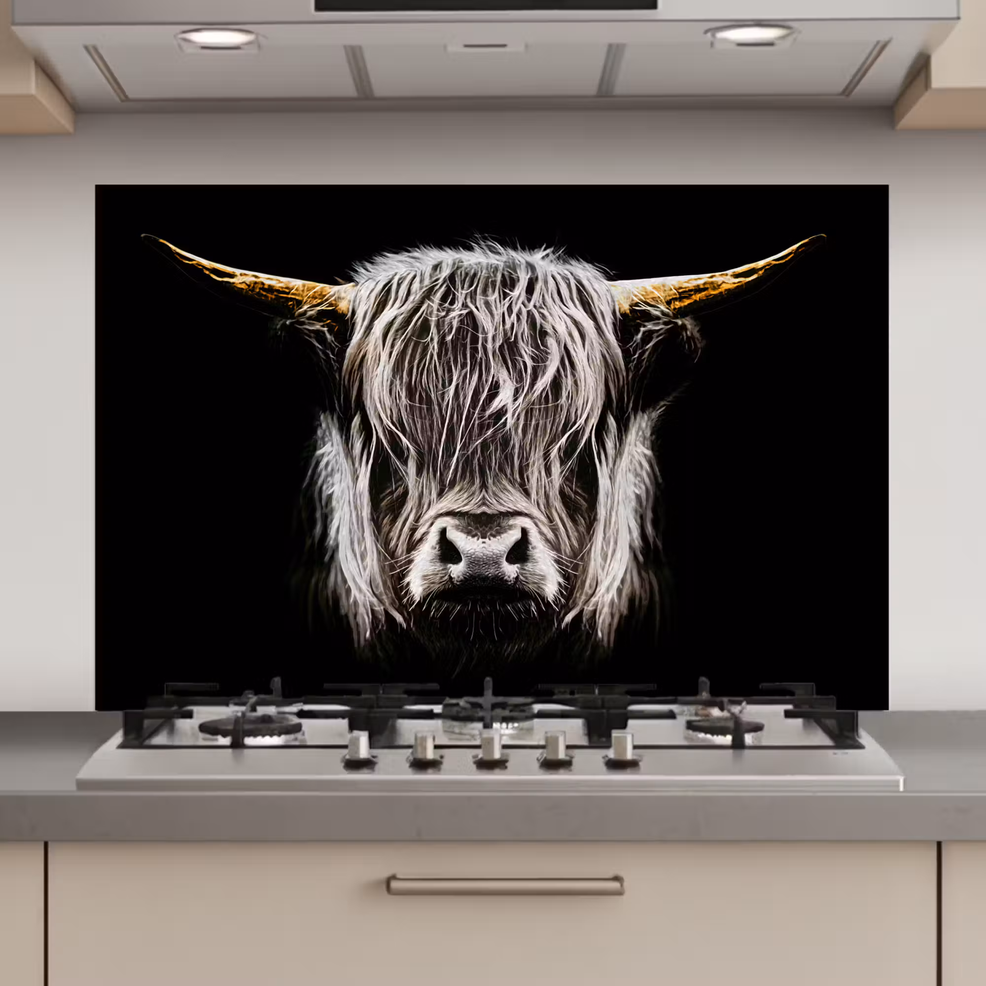 Spatscherm keuken - Schotse hooglander - Goud - Hoorns - Zwart wit - Koe - Dieren