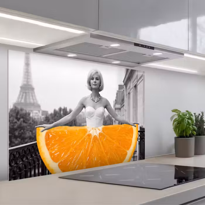 Spatscherm keuken - Sinaasappel - Eiffeltoren - Vrouw