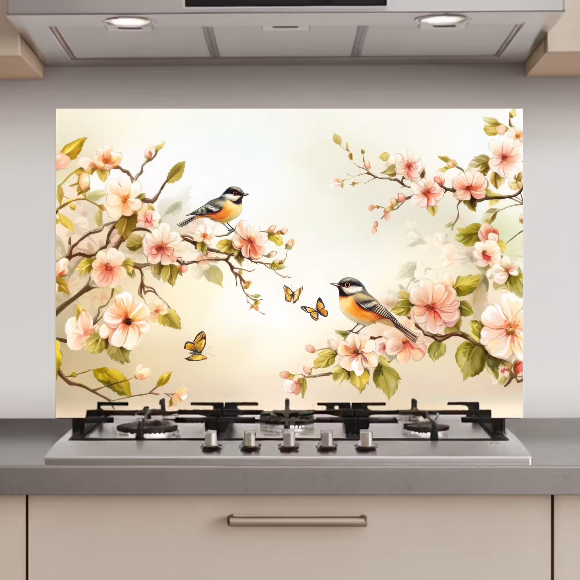 Spatscherm keuken - Takken - Bloemen - Vogeltjes - Roze