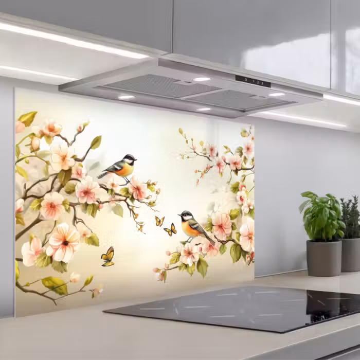 Spatscherm keuken - Takken - Bloemen - Vogeltjes - Roze