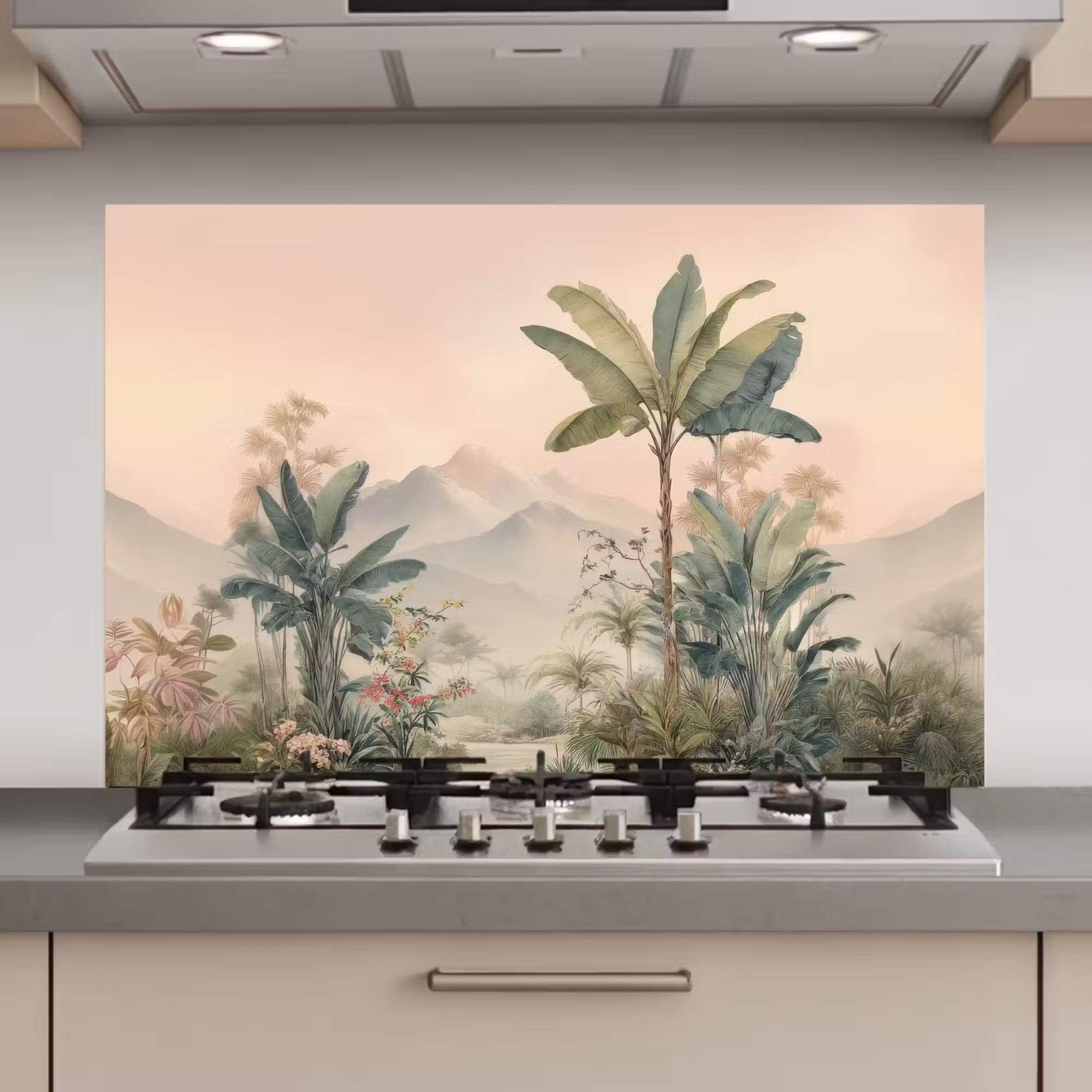 Spatscherm keuken - Tropisch landschap - palmbomen - Bloemen - Roze lucht