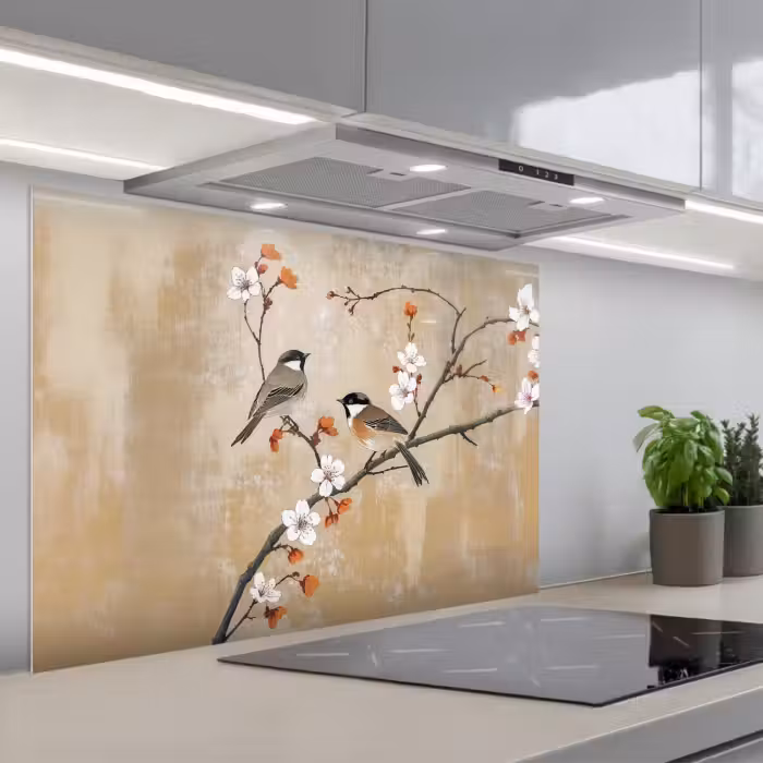 Spatscherm keuken - Vogels - Bloesemtak - Bloemen - Oranje