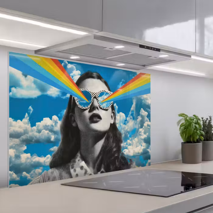 Spatscherm keuken - Vrouw - Bril - Regenboog - Wolken