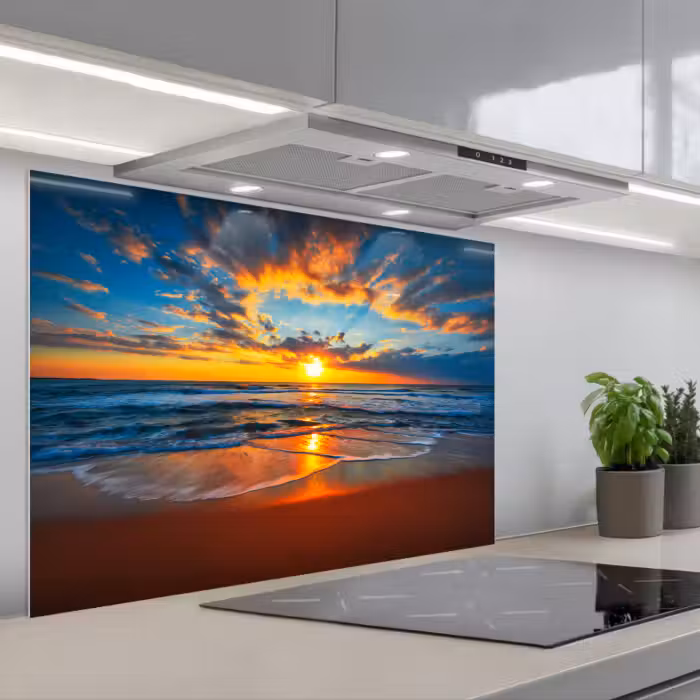 Spatscherm keuken - Zee - Zonsondergang - Strand - Wolken - Oranje