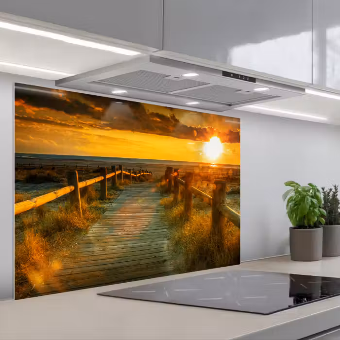 Spatscherm keuken - Zon - Strand - Duin - Horizon - Gras - Pad - Oranje