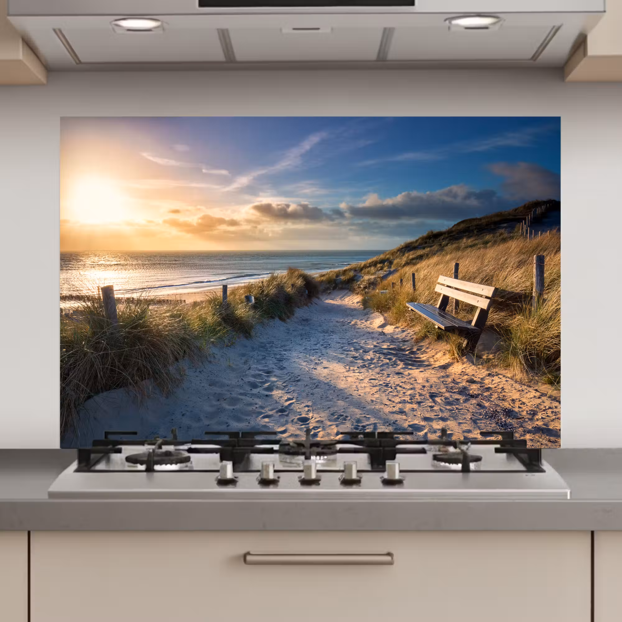 Spatscherm keuken - Zonsondergang - Strand - Duin - Gras - Bank