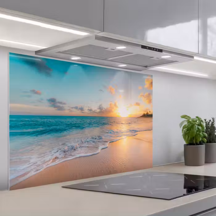 Spatscherm keuken - Zonsondergang - Strand - Zee - Zomer - Blauw