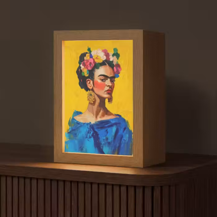 Tafellamp - Frida Kahlo - Vrouw - Geel - Blauw - Bloemen