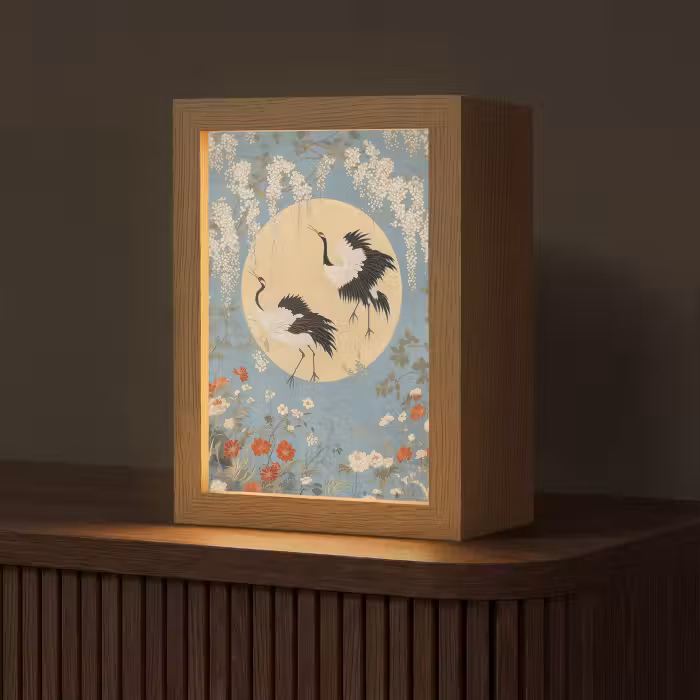 Tafellamp - Kraanvogels - Maan - Bloemen - Blauw