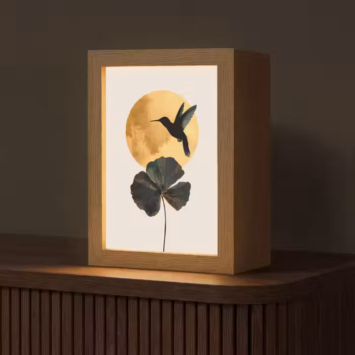 Tafellamp - Zwarte kolibrie - Bloem - Gouden cirkel