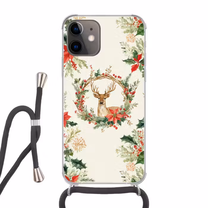Telefoonhoesje met koord - Kerstkrans - Hert - Hulst - Rood