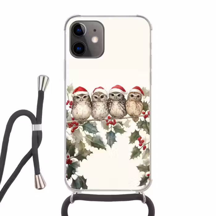 Telefoonhoesje met koord - Uilen - Tak - Hulstblaadjes - Kerstmuts