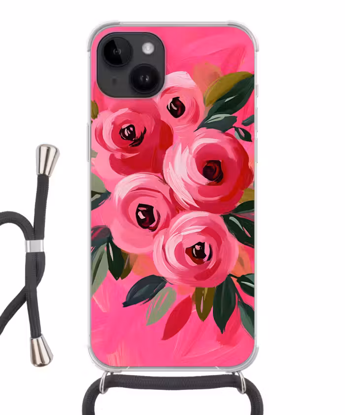Telefoonhoesje met koord - Bloemen - Verf - Roze