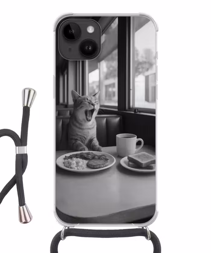 Telefoonhoesje met koord - Kat - Koffie - Brood - Zwart