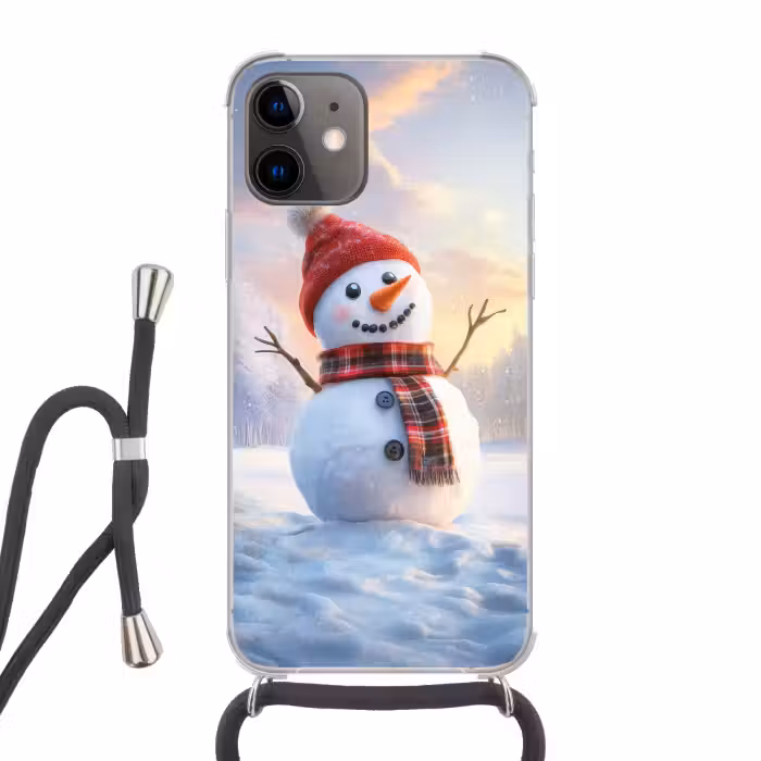 Telefoonhoesje met koord - Sneeuwpop - Zonsondergang - Wit