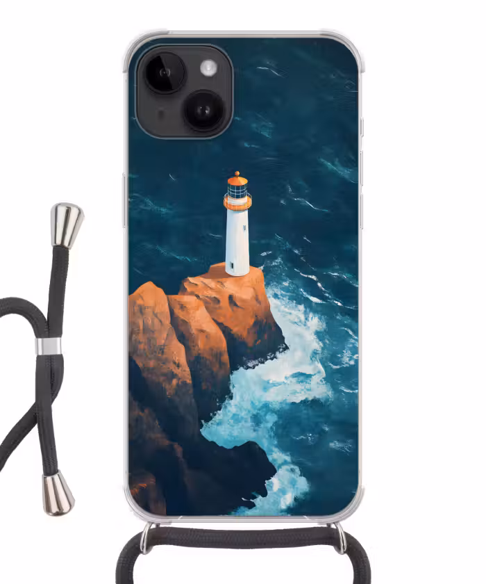 Telefoonhoesje met koord - Vuurtoren - Rots - Zee - Golven
