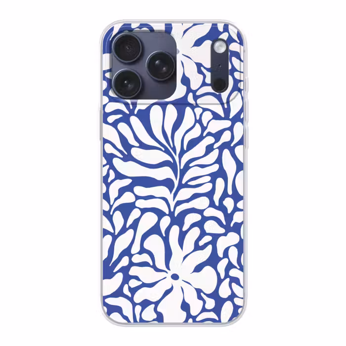 Telefoonhoesje Softcase - Bloemen patroon - Blauw - Wit - Bladeren