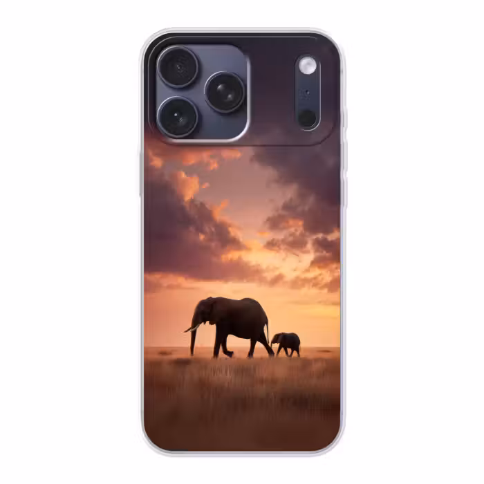 Telefoonhoesje Softcase - Olifanten - Grasland - Zonsondergang