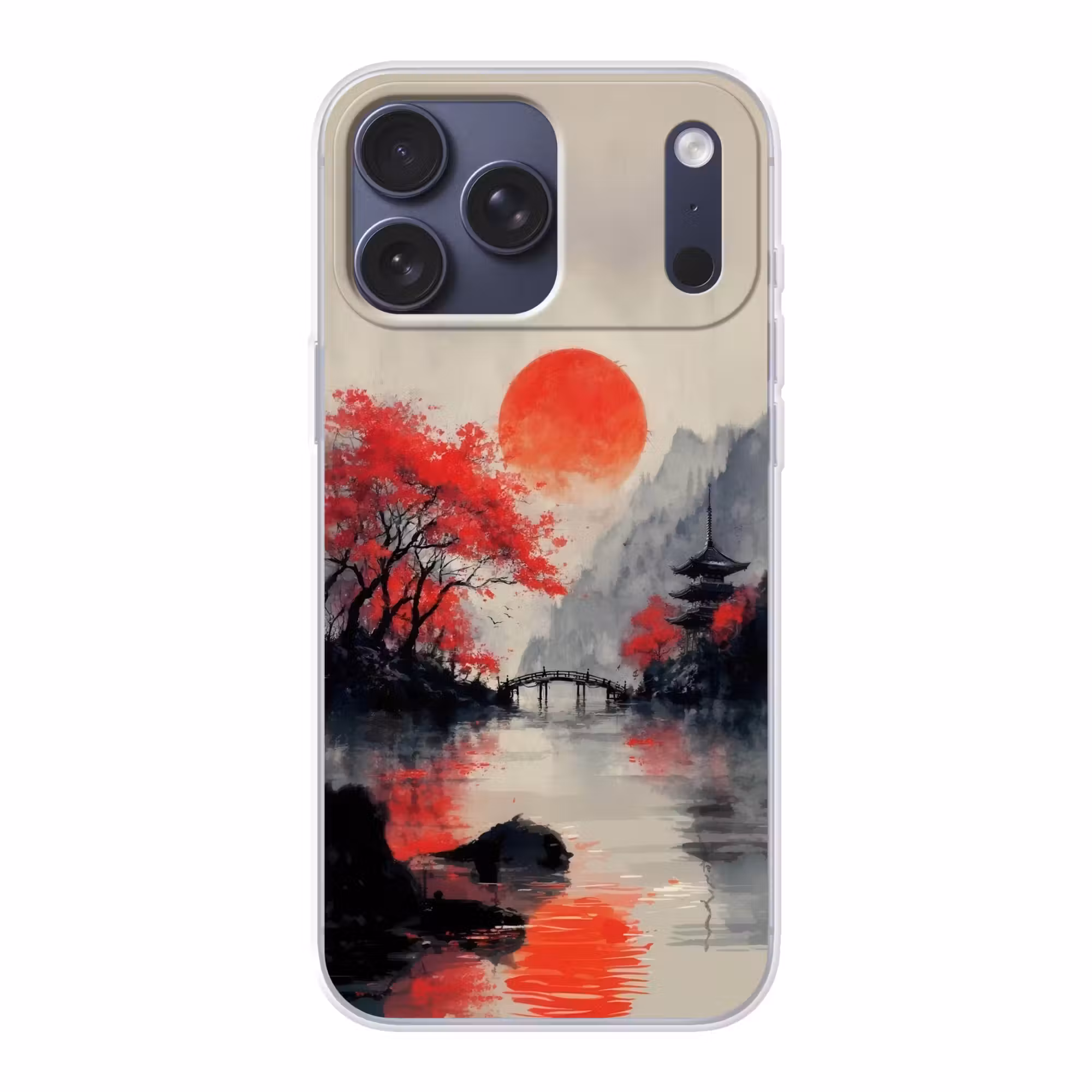 Telefoonhoesje Softcase - Rode zon - Rivier - brug - Bomen