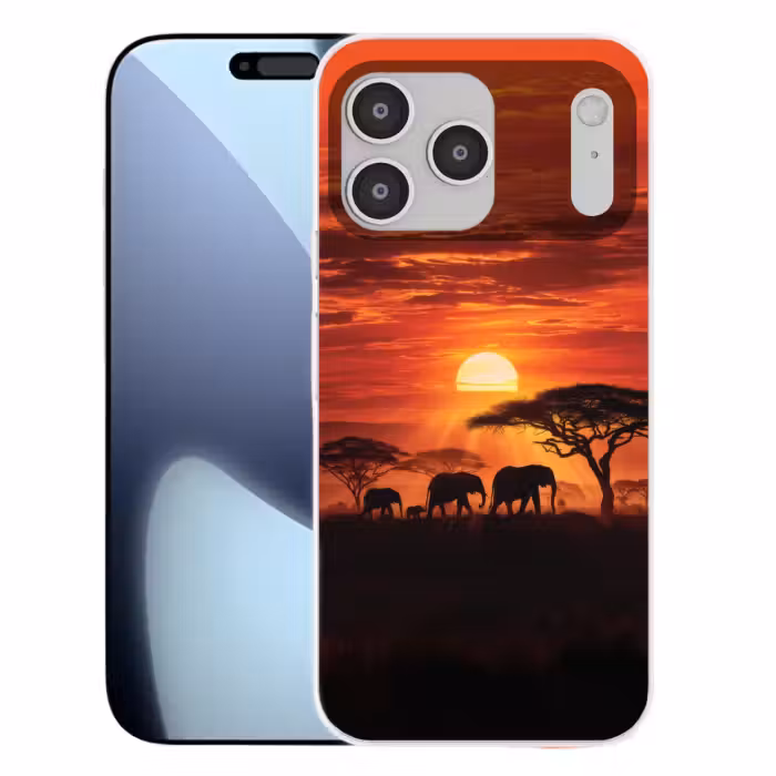 Telefoonhoesje Softcase - Savanne - Olifanten - Zonsondergang