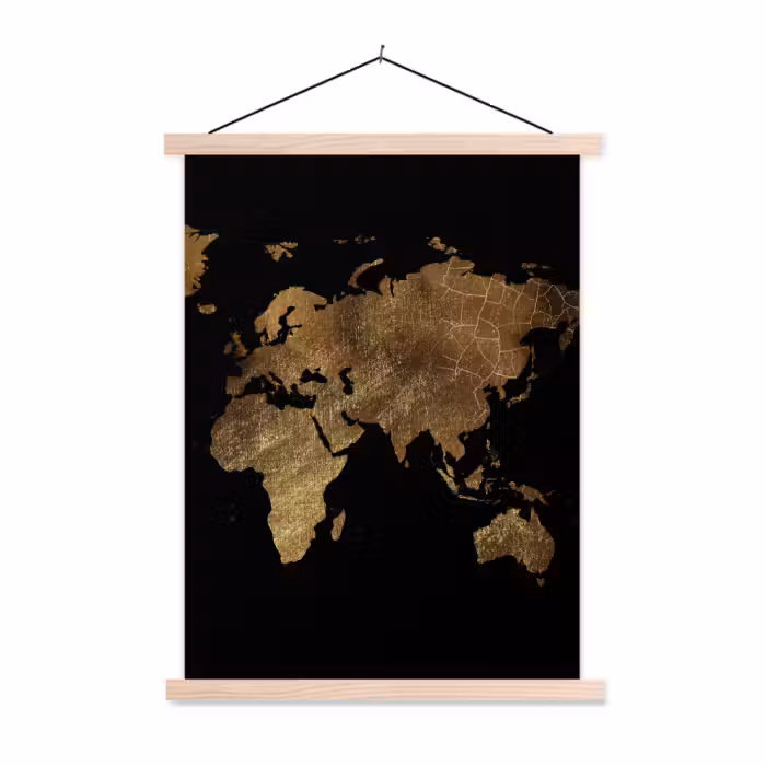 textielposter latten blank - Wereldkaart - Goud - Luxe - Aarde - Zwart