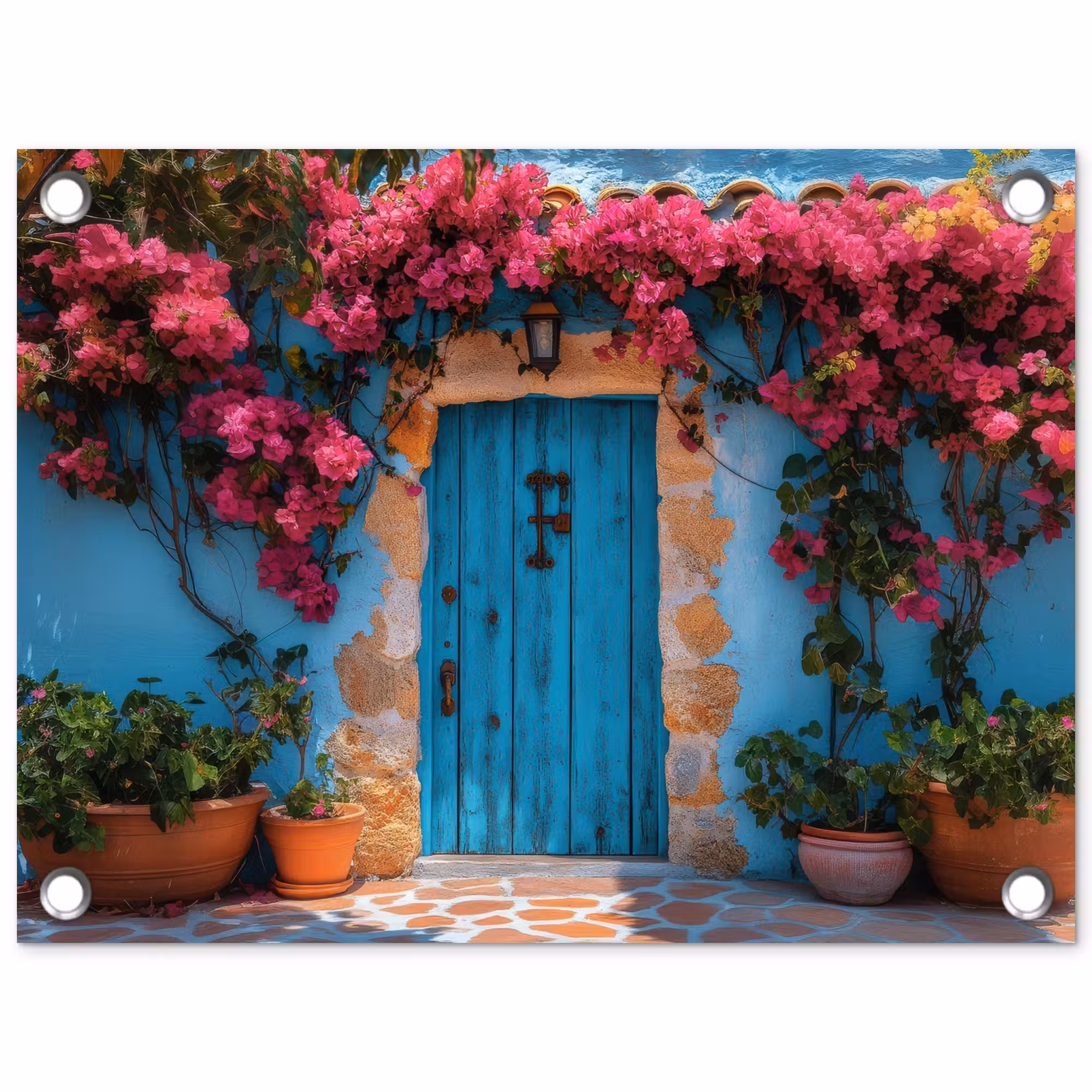 Tuinposter - Deur - Hout - Bloemen - Blauw