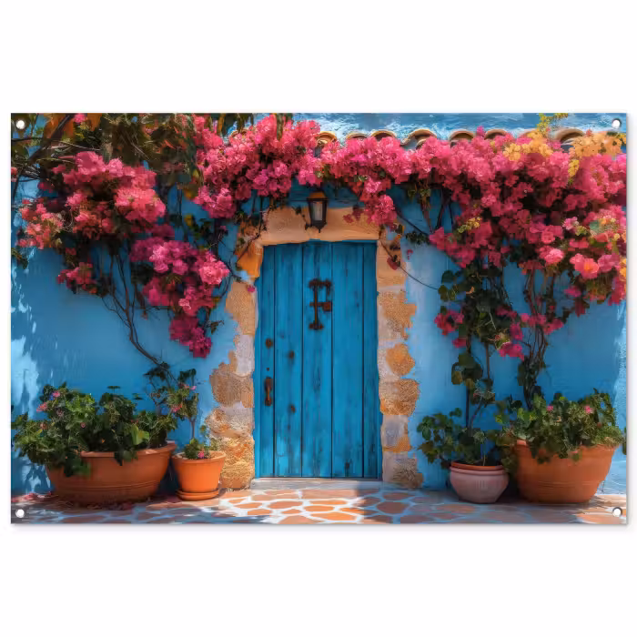 Tuinposter - Deur - Hout - Bloemen - Blauw