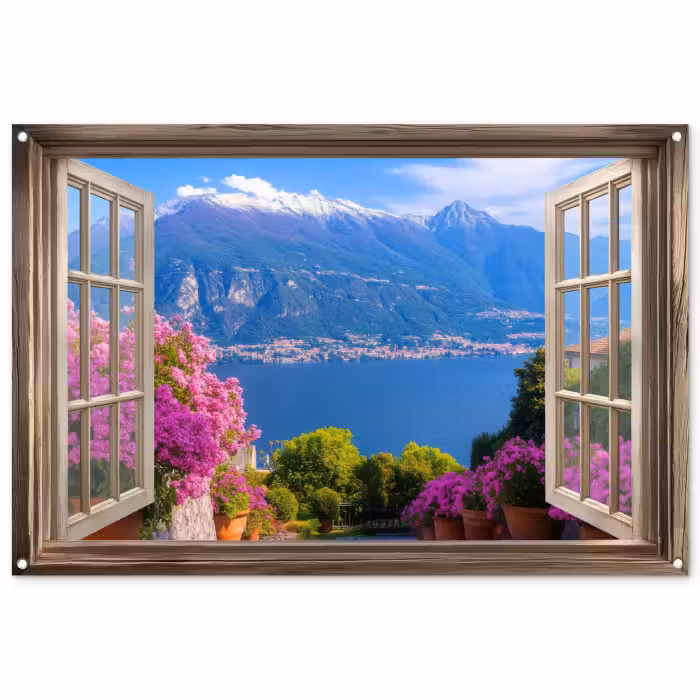 Tuinposter - Doorkijk - Berg - Landschap - Uitzicht - Meer