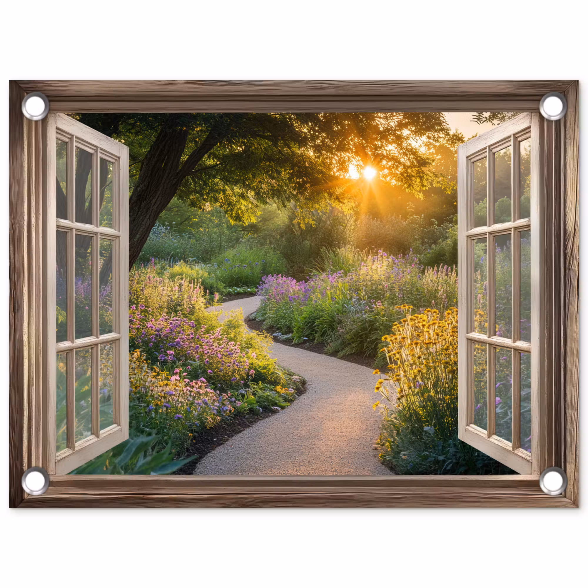Tuinposter - Doorkijk - Bloemen - Natuur - Zon - Pad