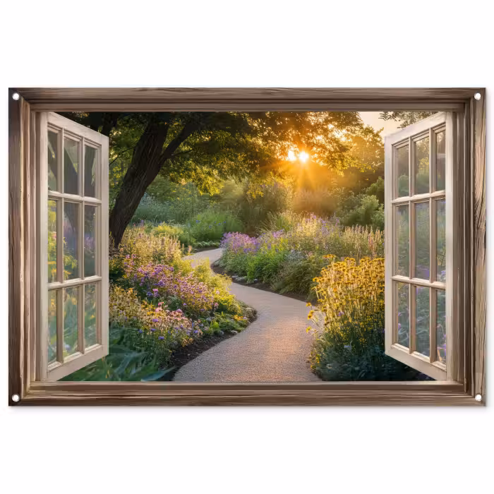 Tuinposter - Doorkijk - Bloemen - Natuur - Zon - Pad
