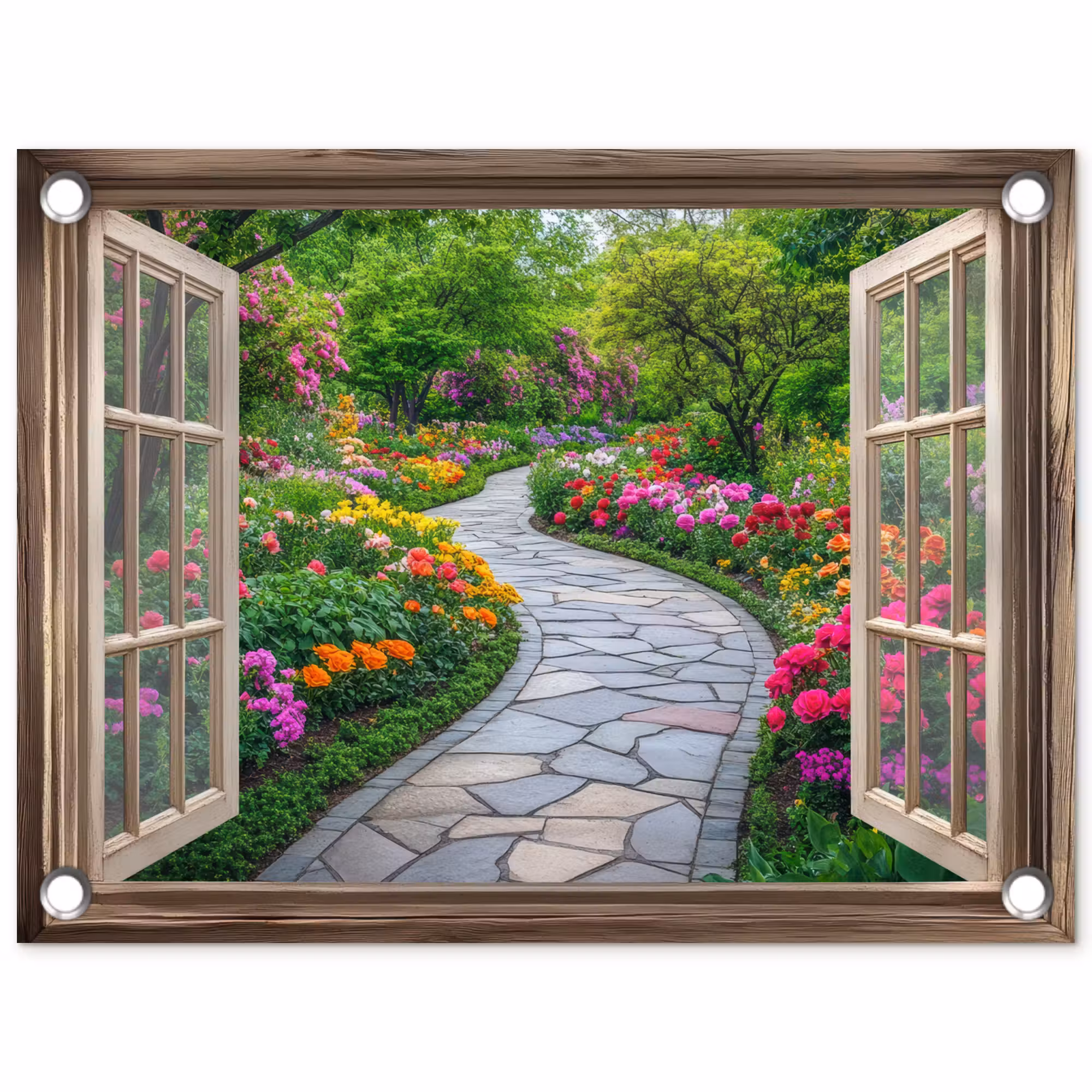 Tuinposter - Doorkijk - Bloemen - Tuinpad - Natuur - Raam