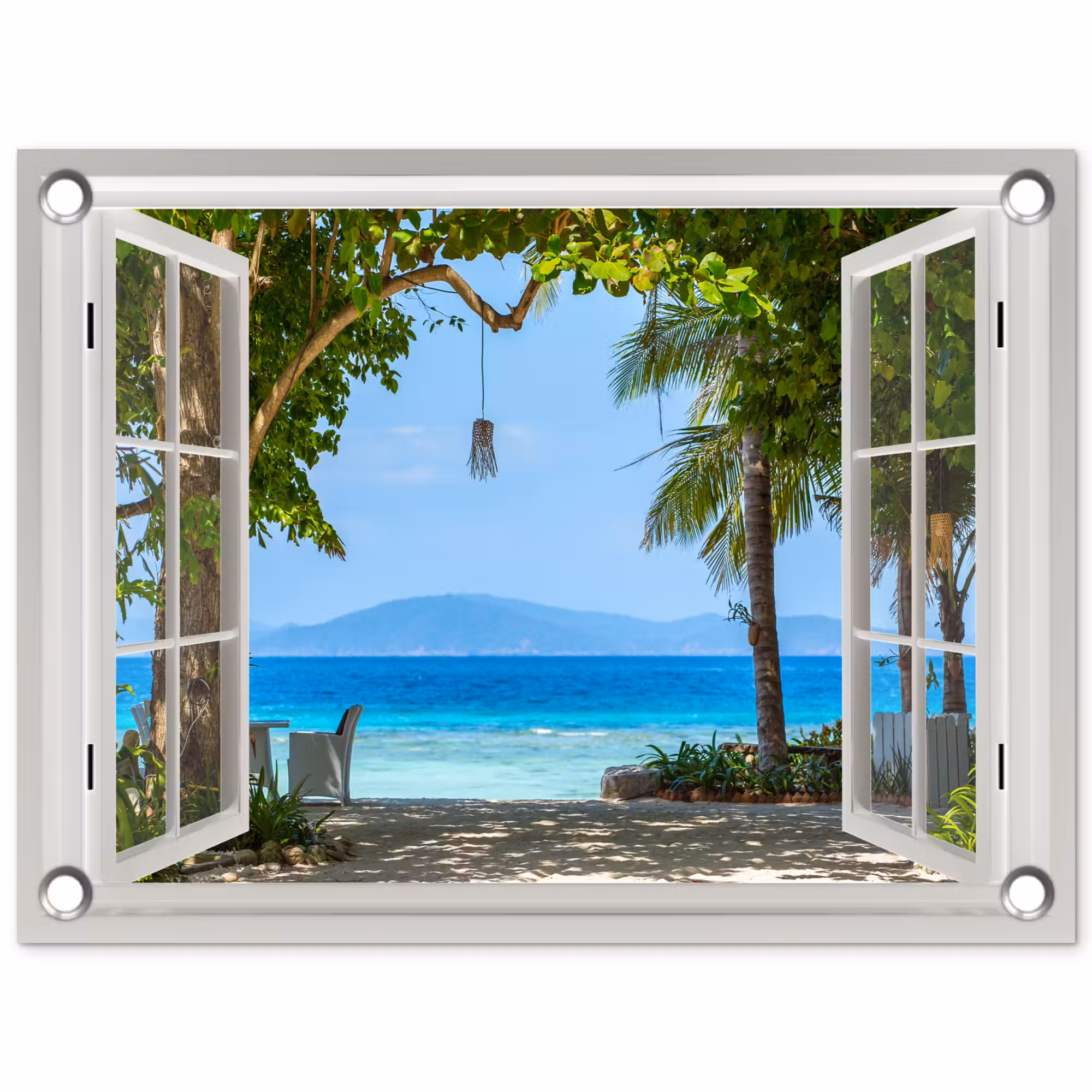 Tuinposter - Doorkijk - Boom - Zee - Palmboom - Heuvels - Strand - Blauw