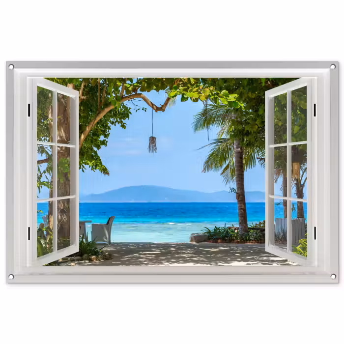 Tuinposter - Doorkijk - Boom - Zee - Palmboom - Heuvels - Strand - Blauw