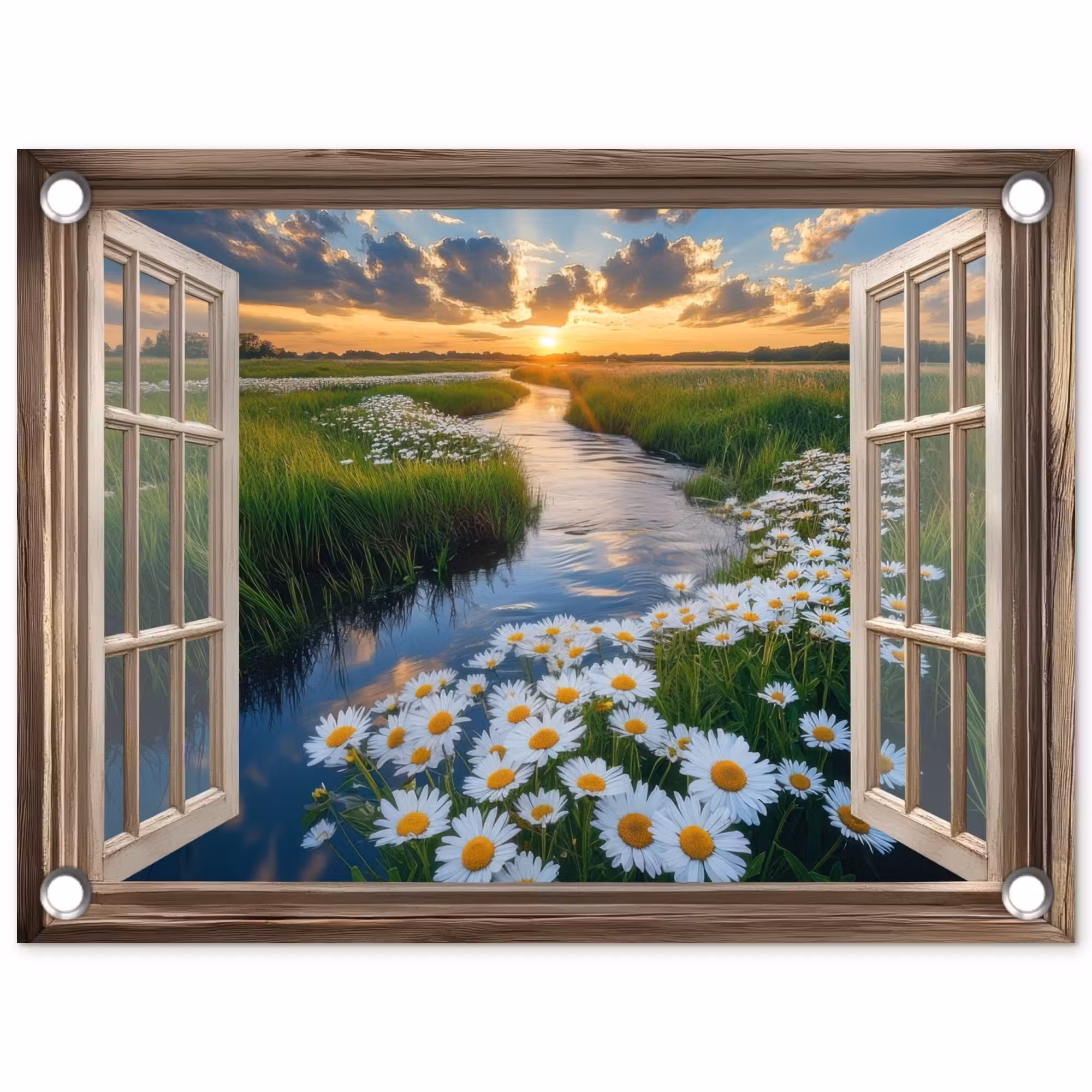 Tuinposter - Doorkijk - Landschap - Raam - Water - Zonsondergang