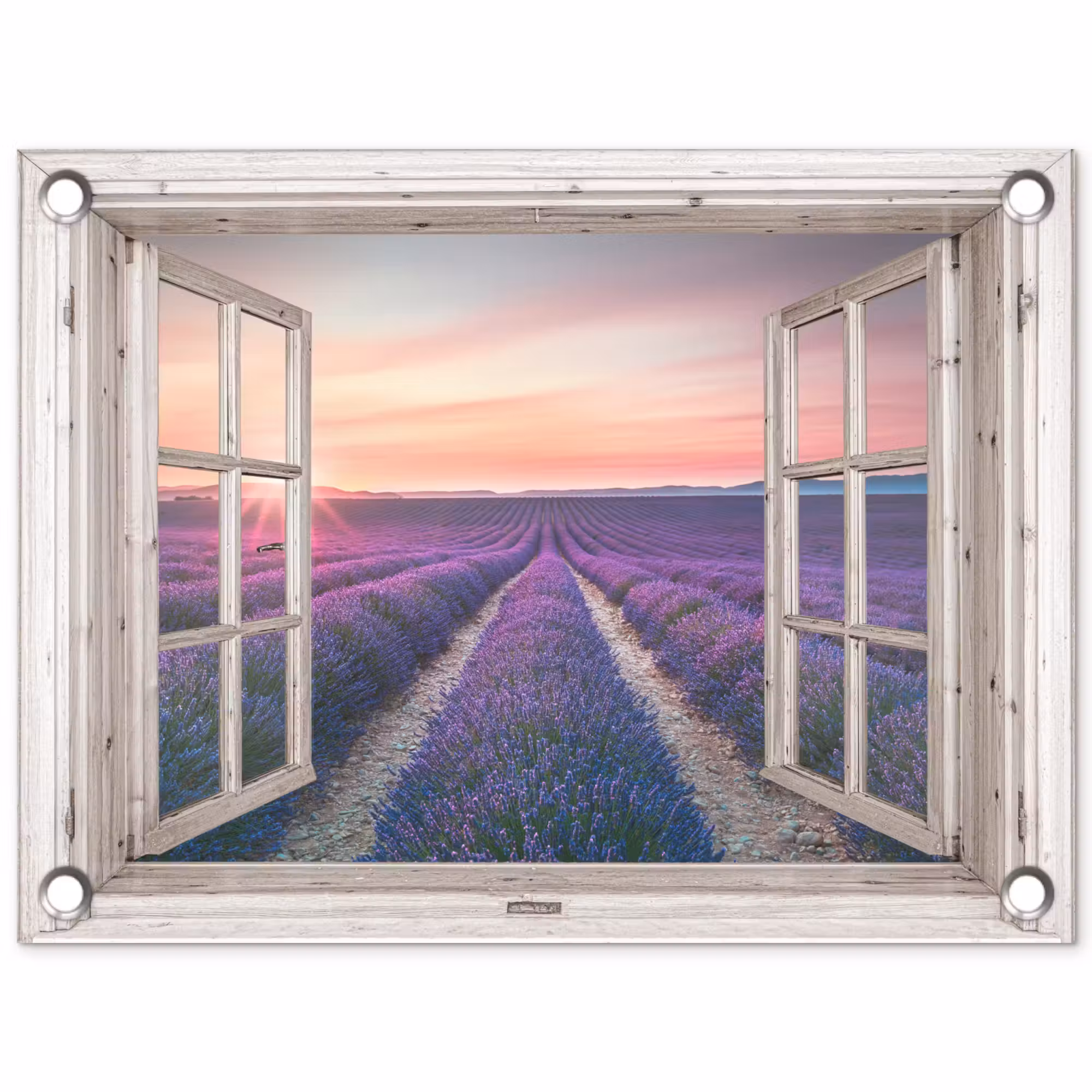 Tuinposter - Doorkijk - Lavendel - Bloemen - Hout - Zonsondergang - Paars