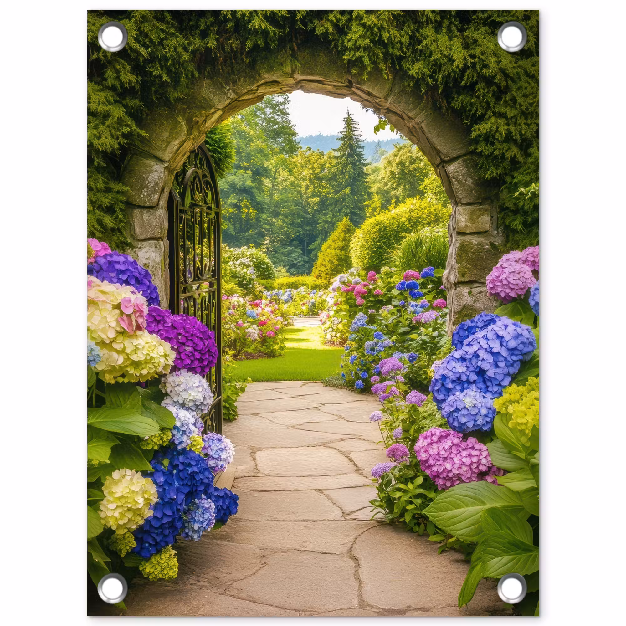 Tuinposter - Doorkijk - Poort - Hortensia - Bloementuin