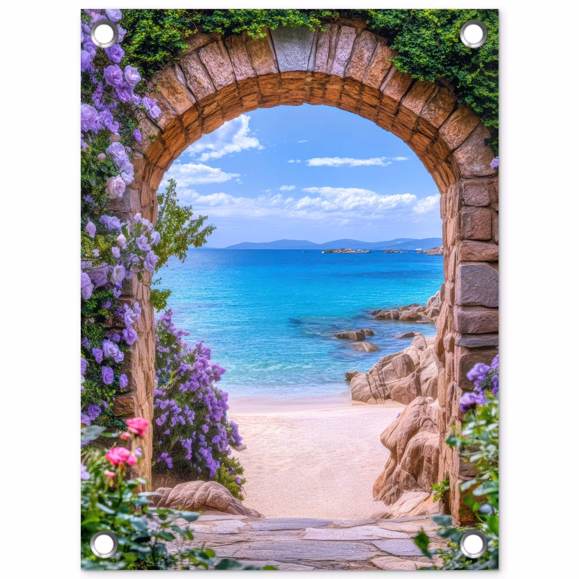 Tuinposter - Doorkijk - Poort - Zee - Strand - Rotsen