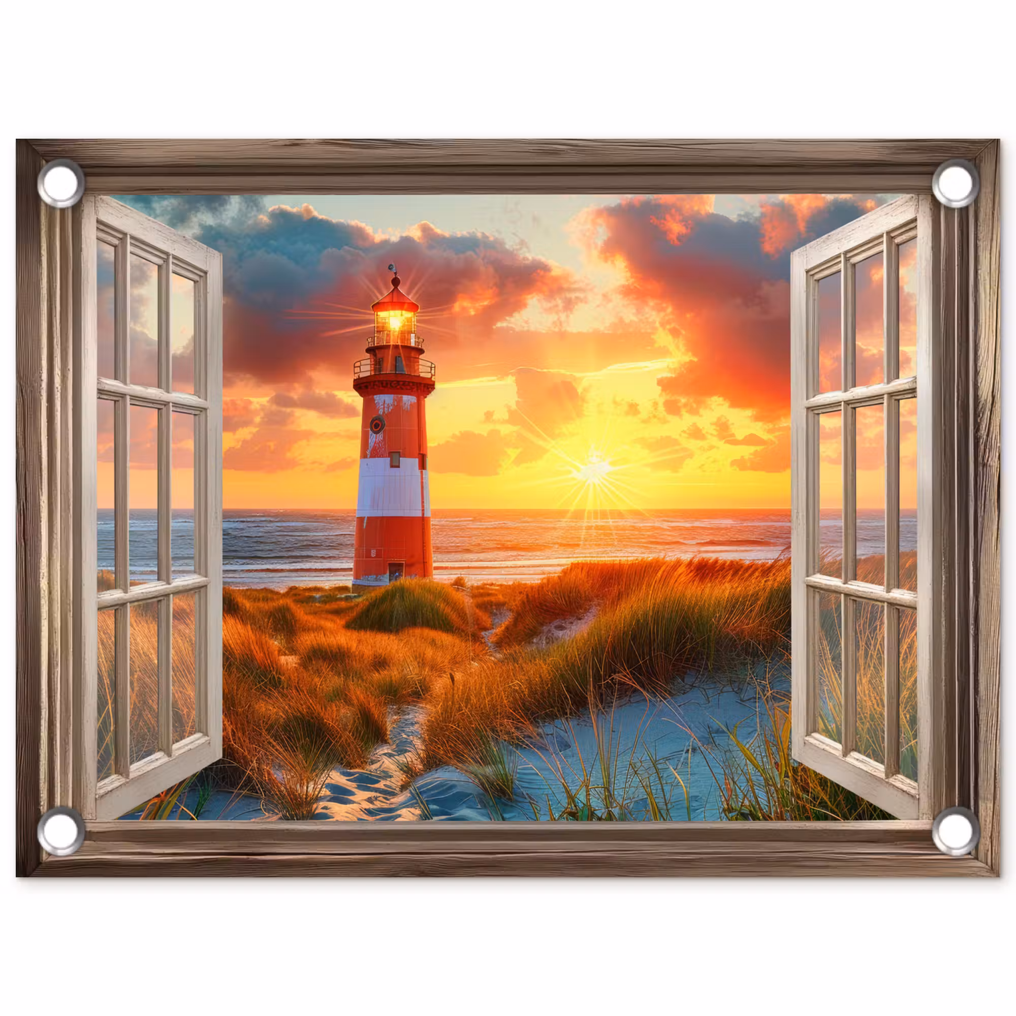Tuinposter - Doorkijk - Raam - Vuurtoren - Zonsondergang - Strand