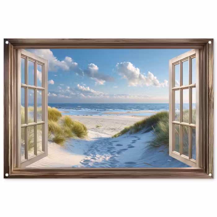 Tuinposter - Doorkijk - Strand - Raam - Duinen - Zee