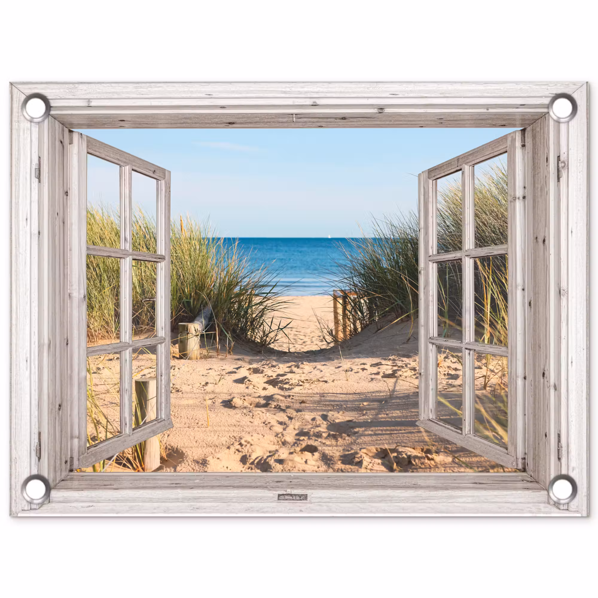 Tuinposter - Doorkijk - Strand - Zee - Duinen - Zand - Water - Helmgras