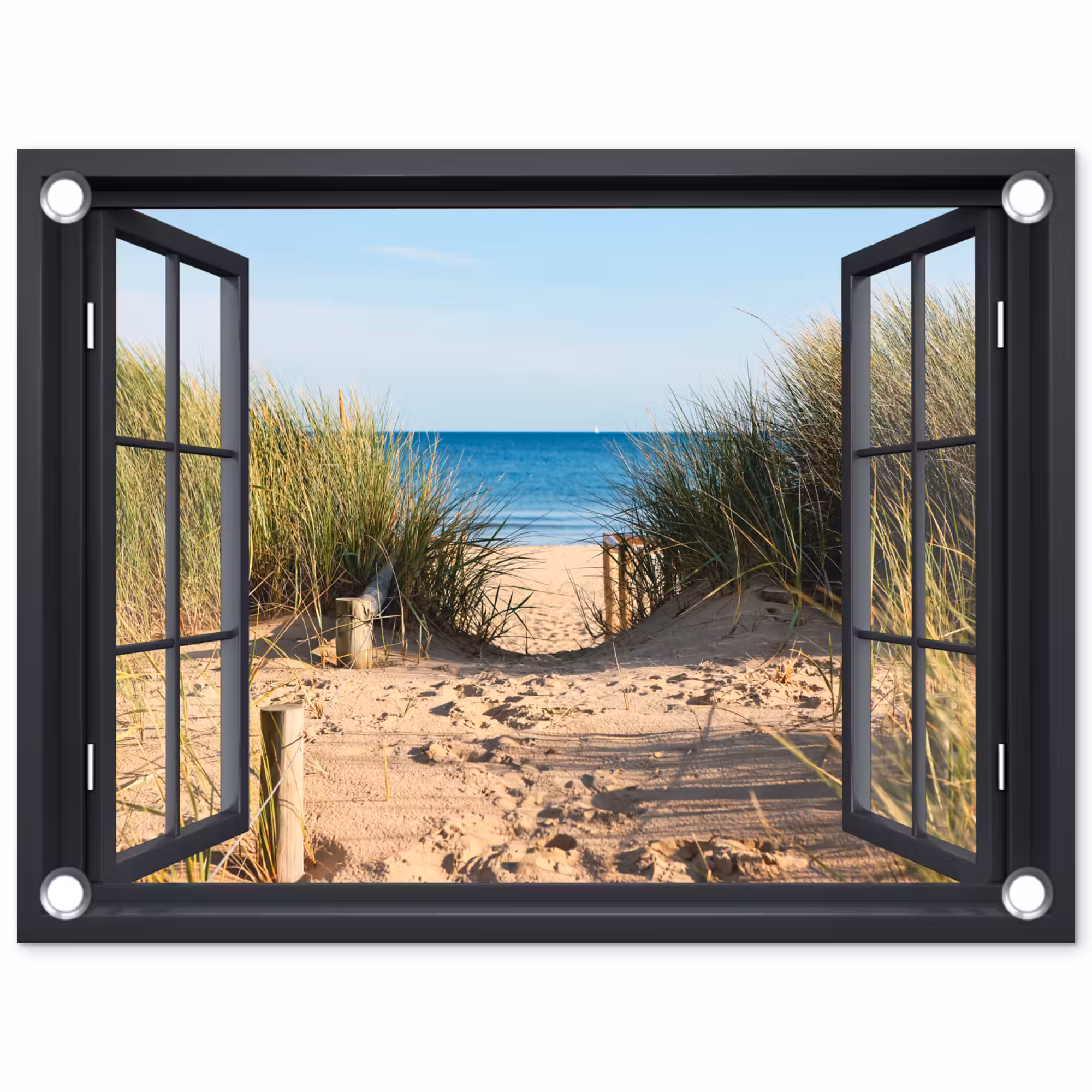 Tuinposter - Doorkijk - Strand - Zee - Zand - Water - Helmgras - Duinen