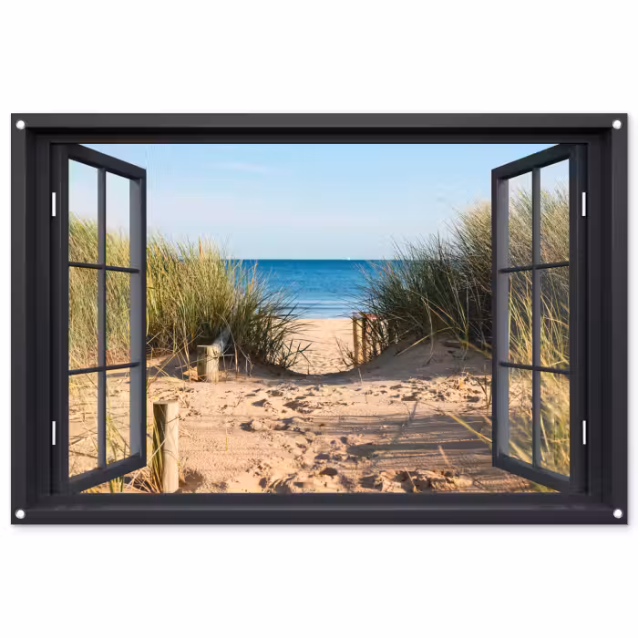 Tuinposter - Doorkijk - Strand - Zee - Zand - Water - Helmgras - Duinen