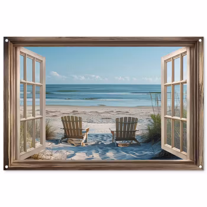 Tuinposter - Doorkijk - Strandstoelen - Duinen - Zee - Natuur