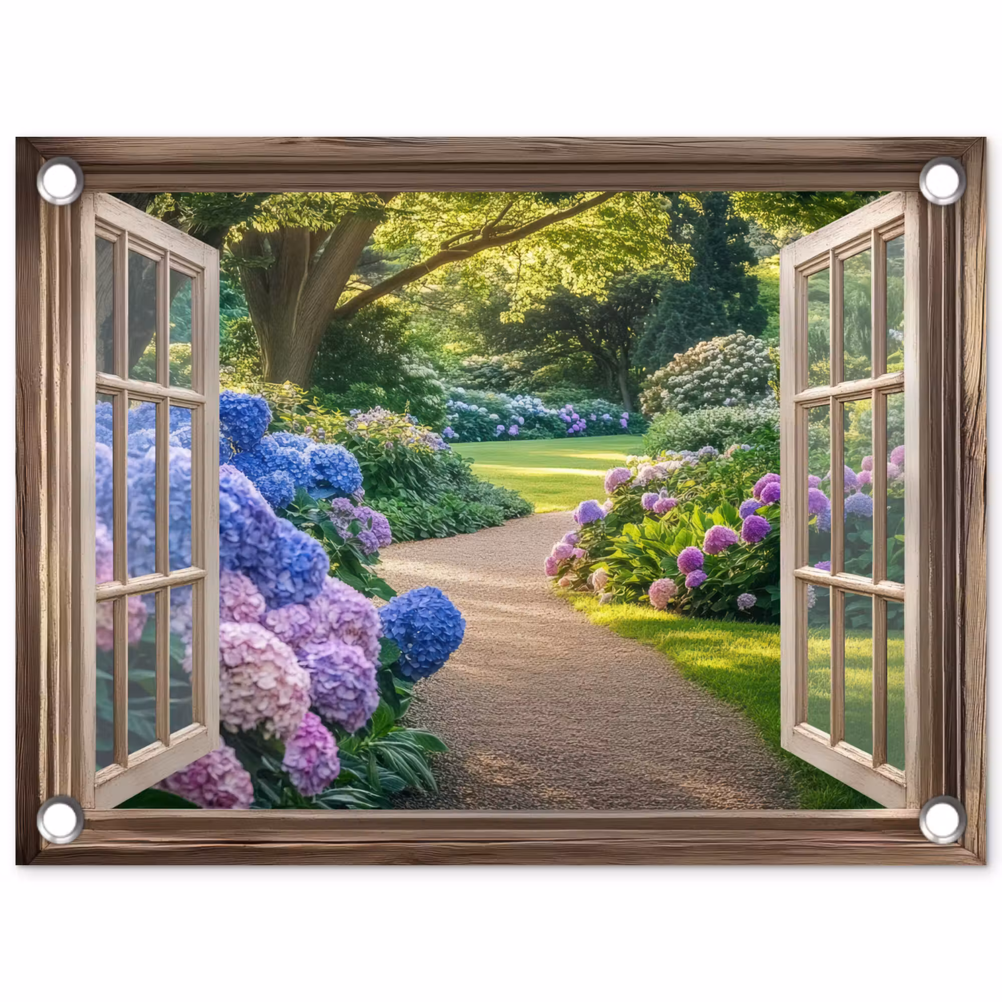 Tuinposter - Doorkijk - Tuin - Raam - Hortensia - Bloemen