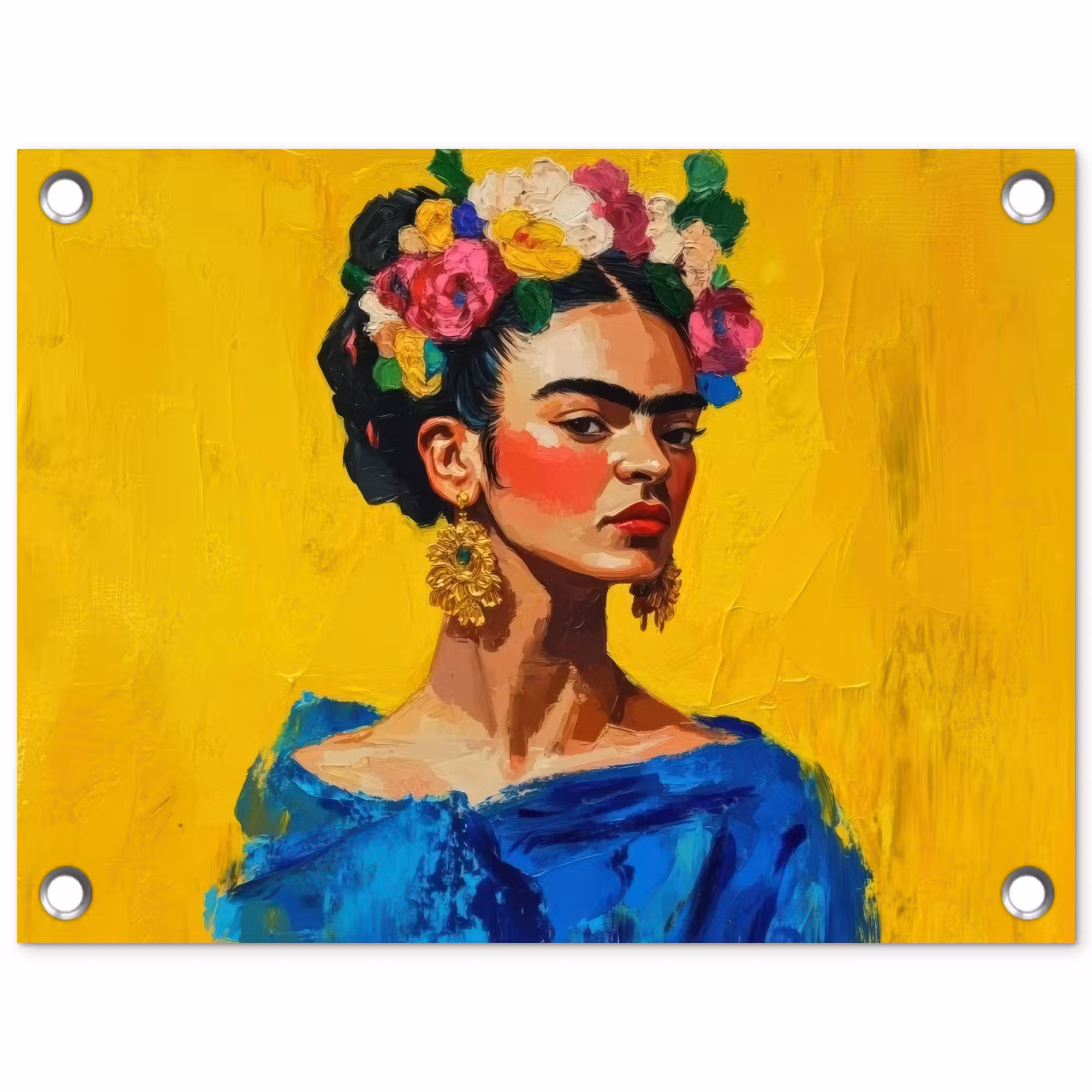 Tuinposter - Frida Kahlo - Vrouw - Geel - Blauw - Bloemen
